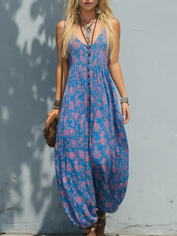 Retro-Casual Blue Color-Block Floral Print Chiffon Spaghetti-Strap Sleeveless Jumpsuit
