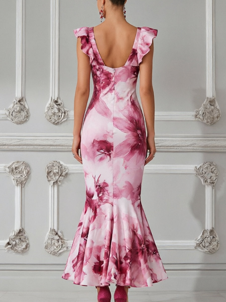 Ruffle Sleeve Wrap Pink Watercolor Floral Print Dress