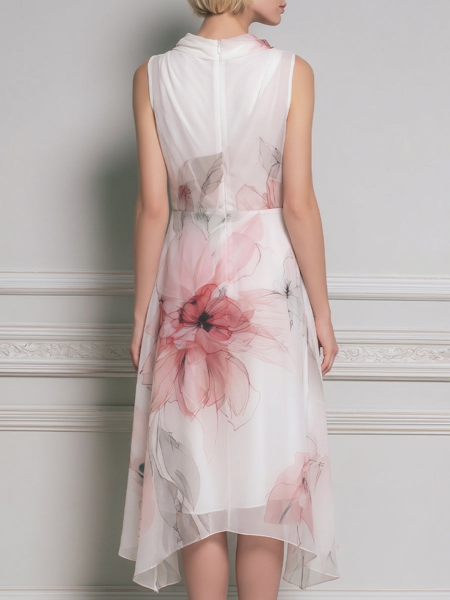 Sleeveless Draped Floral Asymmetric Midi Dress