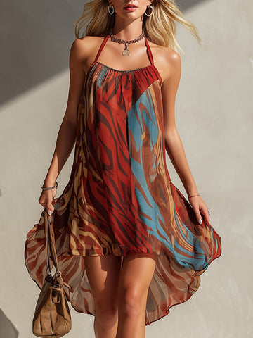 Retro-Sexy Color-Block Red Zebra Print Sleeveless Midi Dress