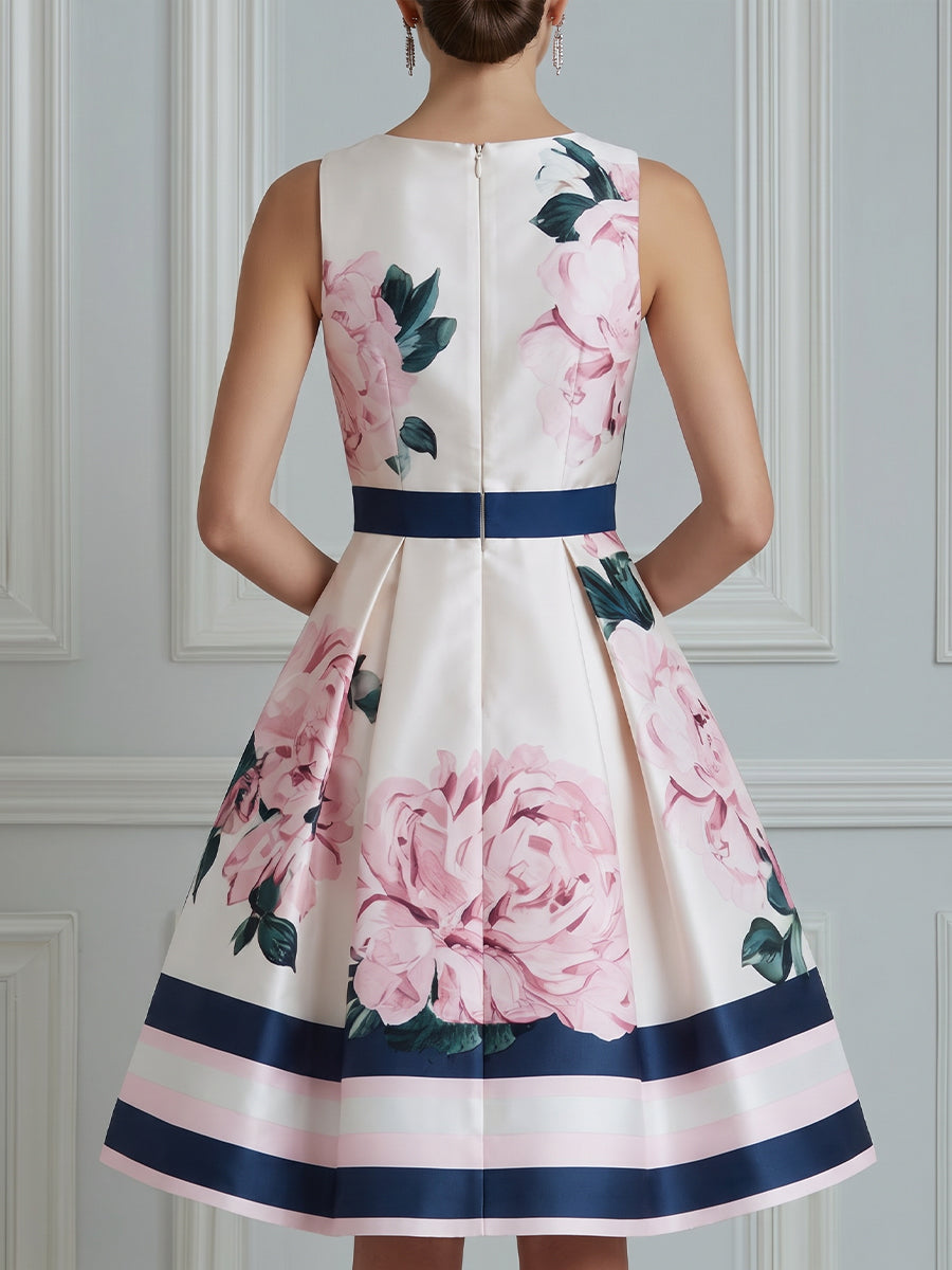 Sleeveless Floral Panel Fit And Flare Midi Dress