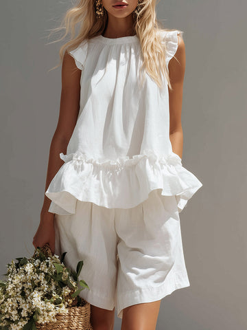 Retro Casual White Ruffled Vest & Mid-Length Shorts Cotton Set