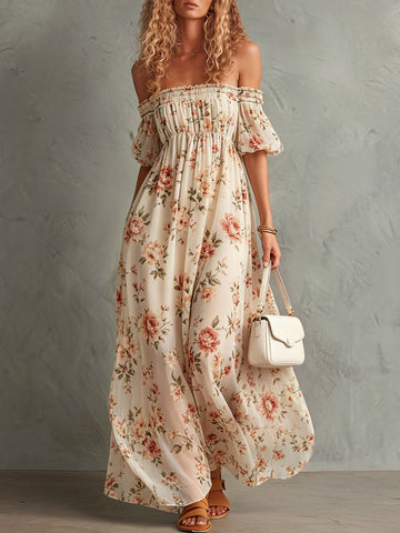 Vacation Retro Floral Beige Chiffon Off-Shoulder Short-Sleeve Maxi Dress