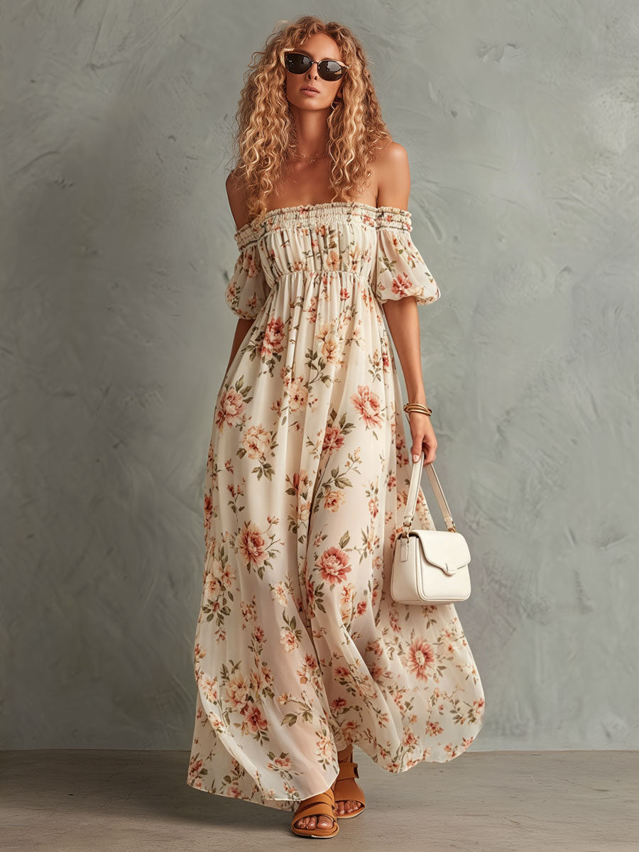 Vacation Retro Floral Beige Chiffon Off-Shoulder Short-Sleeve Maxi Dress