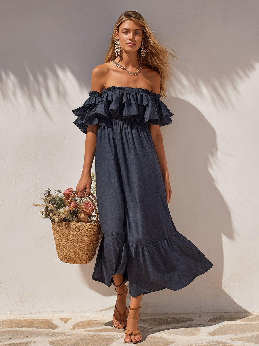 Retro-Modern Navy Blue Ruffled Off-the-Shoulder Cotton-Linen Maxi Dress