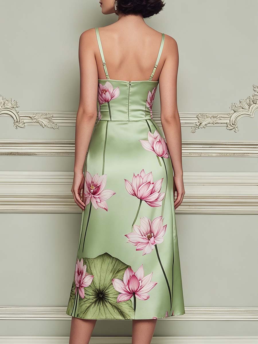 Green Satin Pink Lotus Floral Print Slip Midi Dress