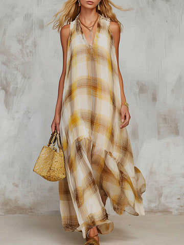 Elegant Modern-Silhouetted Yellow Plaid-Print Chiffon Maxi Dress