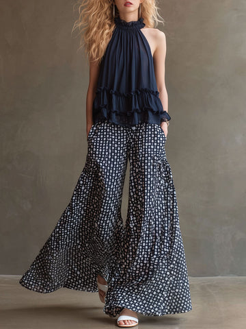Vacation Retro Navy Blue Chiffon Ruffled Top And Polka Dot Flared Pants Set