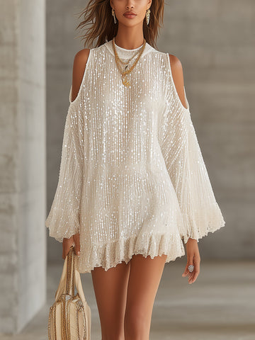 Ivory Sequin Cold-Shoulder Mini Dress With Flounced Hem