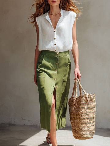Elegant Retro White Cotton Linen Sleeveless Shirt And Green Workwear Skirt Set