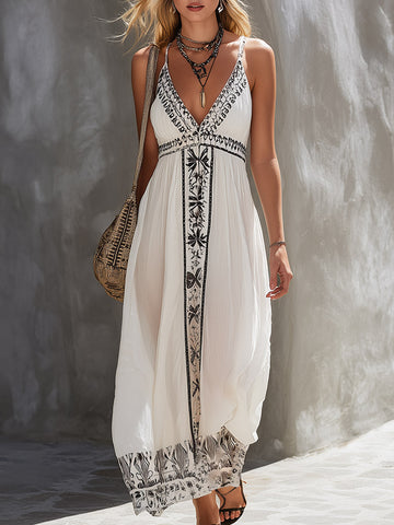 Retro Color-Block Floral Print Trim White Chiffon Spaghetti-Strap Maxi Dress