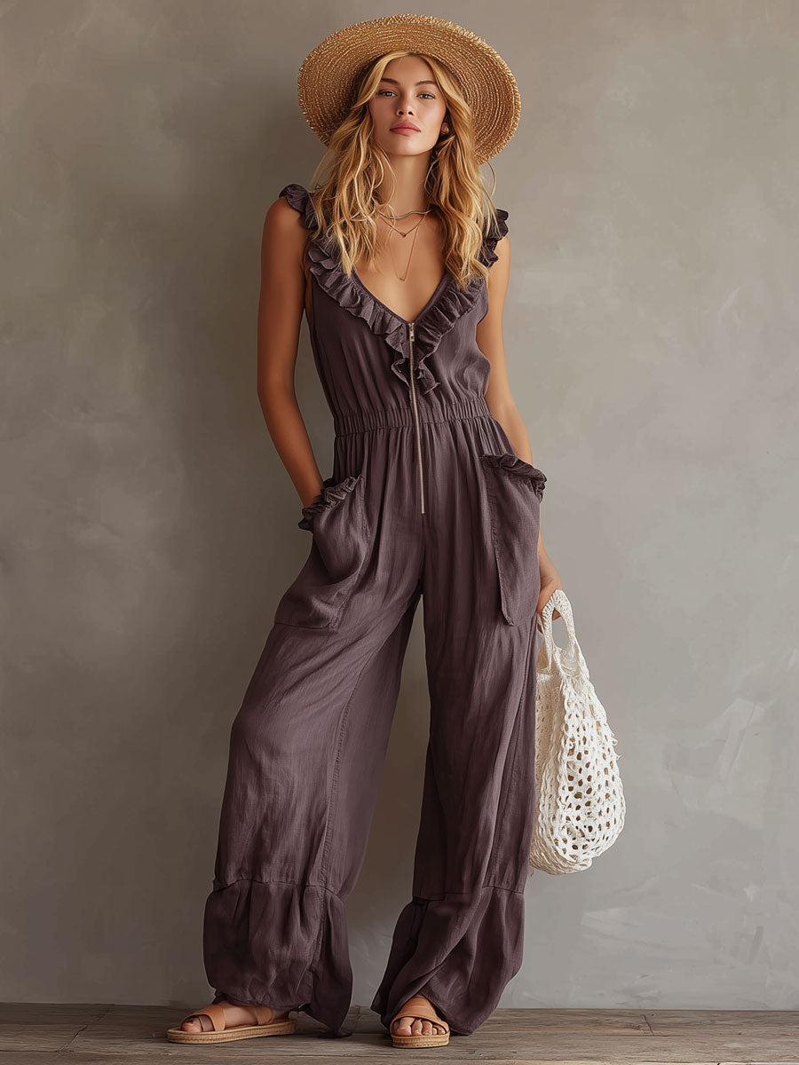 Fashionable Retro Gray-purple Cotton Linen Sleeveless Ruffled Wide-leg Jumpsuit