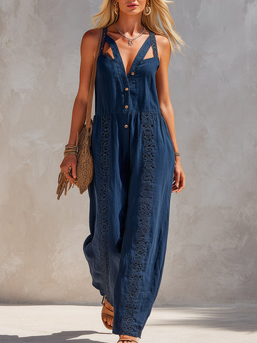 Retro-Casual Lace-Trimmed Navy Blue Cotton-Linen Sleeveless Wide-Leg Jumpsuit