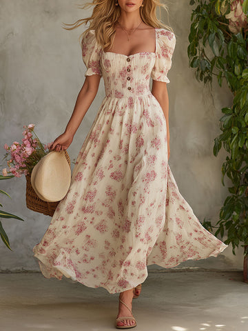 Retro Elegant Pink Floral Off-white Short-sleeved Square Neck Chiffon Maxi Dress