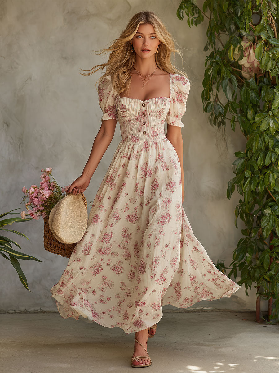 Retro Elegant Pink Floral Off-white Short-sleeved Square Neck Chiffon Maxi Dress
