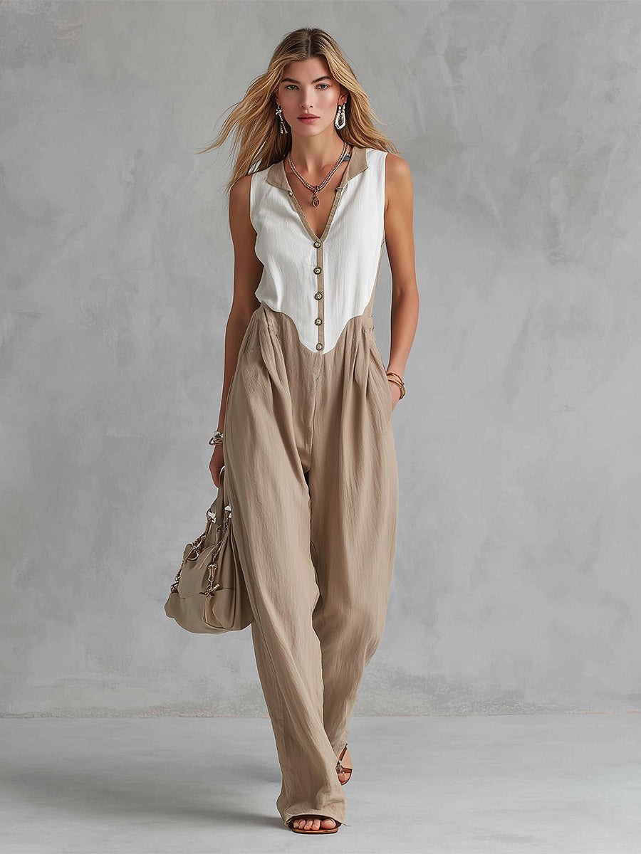 Elegant Urban White & Khaki Patchwork Cotton-Linen Sleeveless Jumpsuit