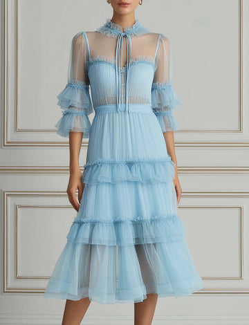Light Blue Tiered Ruffled Tulle Midi Dress