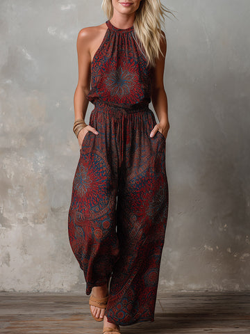 Retro Red Abstract Print Chiffon Halter Jumpsuit
