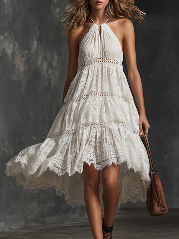 Elegant Retro White Lace Halter Neck Sleeveless A-line Mini Dress