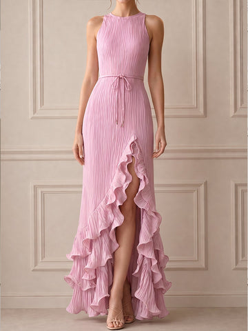 Pleated High Neck Ruffle Hem Slit Maxi Dress