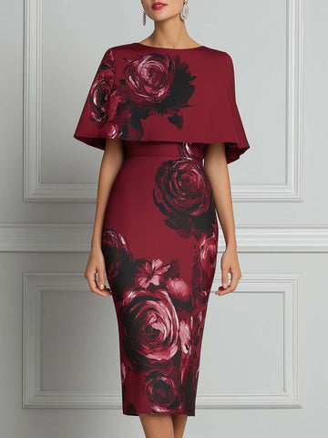 Burgundy Rose Print Cape Sleeve Bodycon Midi Dress