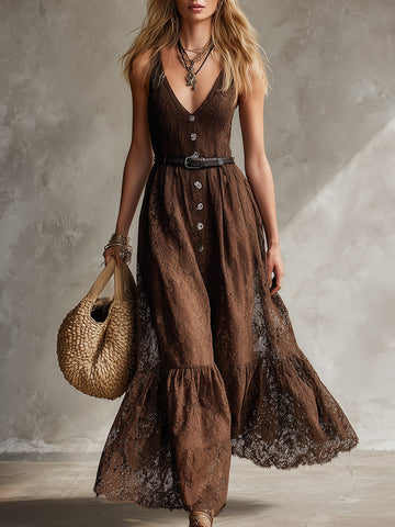 Retro Bohemian Brown Lace Sleeveless Maxi Dress