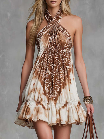 Western Flowy Retro-Print Halter Ruffled-Hem Chiffon Mini Dress