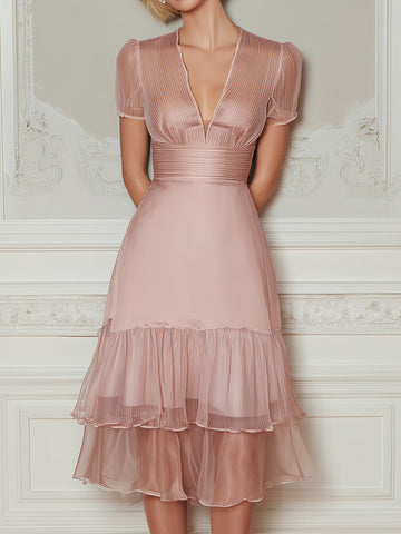 Pleated V-Neck Short Sleeve Tiered Ruffle Midi Dress