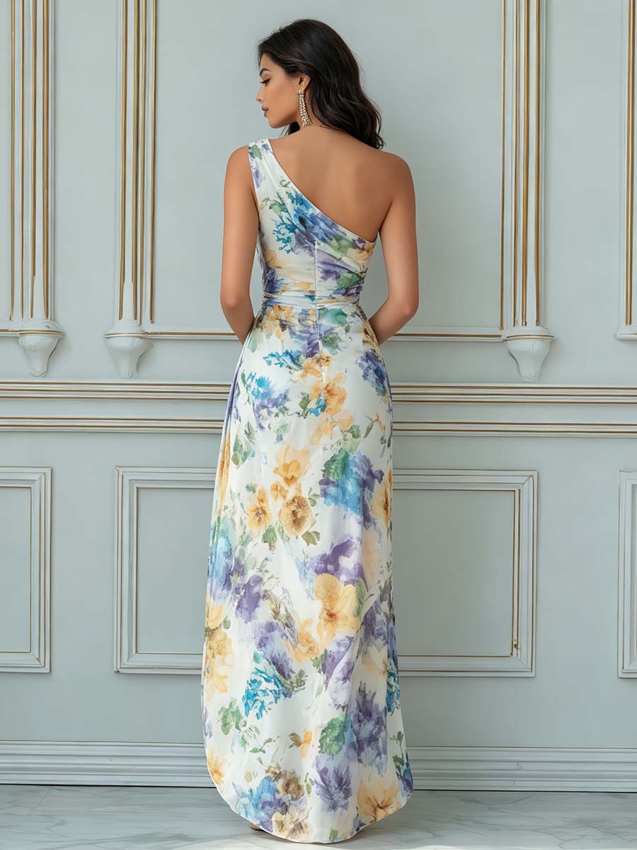Watercolor Floral One-Shoulder Maxi Dress