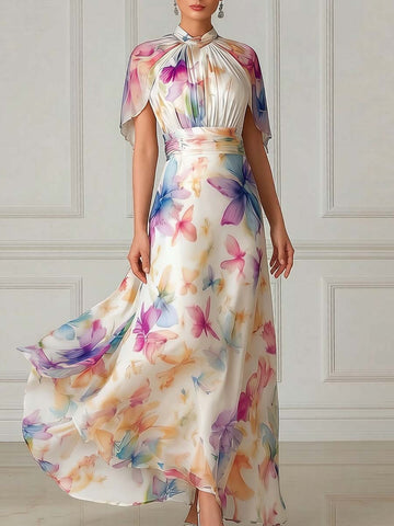 Elegant Watercolor Floral Cape Sleeve Maxi Dress