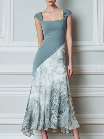 Square Neck Cap Sleeve Contrast Panel Midi Dress