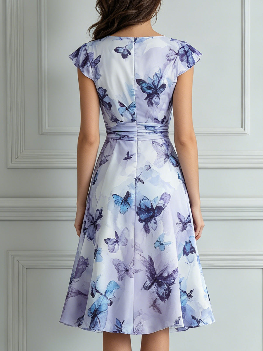 Purple Blue Watercolor Butterfly Print Midi Dress