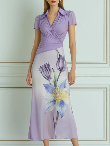 Lavender Collared Wrap Bodice Floral Print Midi Dress