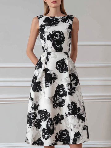 Sleeveless Round Neck Floral A-Line Midi Dress