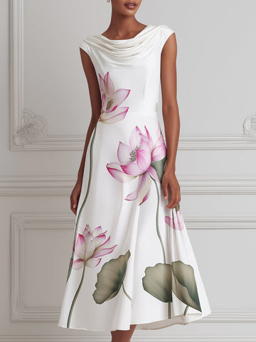 White Lotus Print Cowl Neck Satin A-Line Midi Dress
