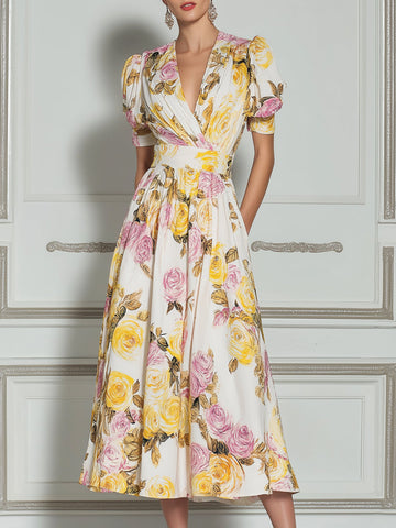 Yellow & Pink Rose Print Puff Sleeve A-Line Midi Dress
