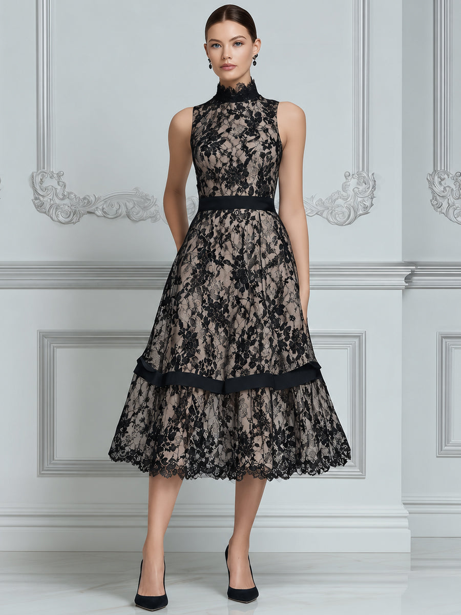 High Neck Lace Panel Tiered A-Line Midi Dress