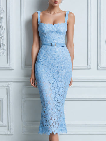 Square Neck Lace Bodycon Midi Dress With Waist Belt
