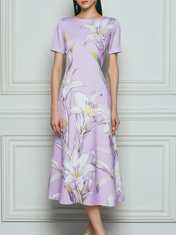 Lavender Lily Print Short Sleeve Satin Midi Dress