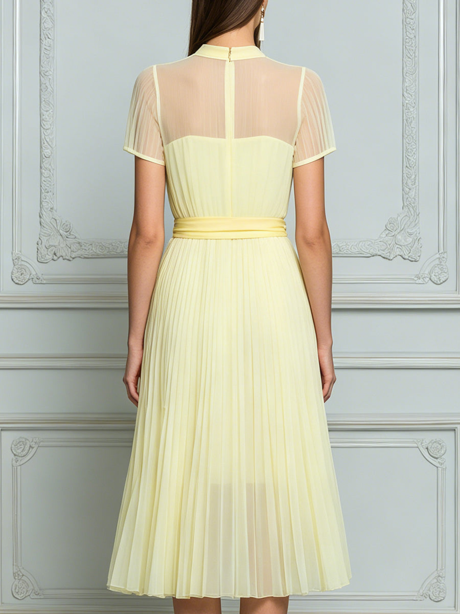 Lemon Yellow Sheer Yoke Pleated Midi Dress