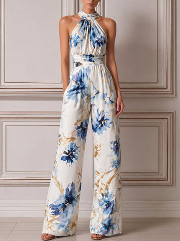 Halter Neck Floral Print Wide-Leg Jumpsuit