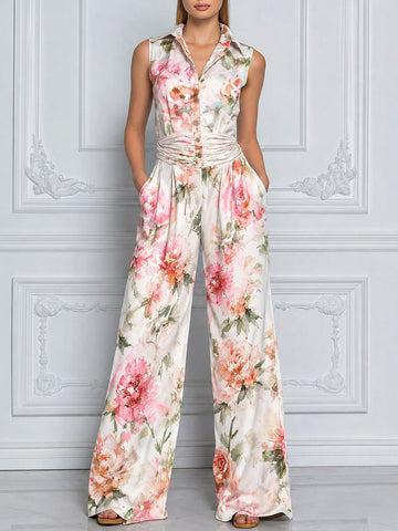 Sleeveless Button-Front Collared Floral Wide-Leg Jumpsuit