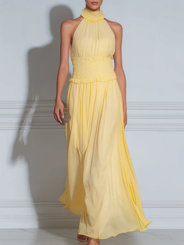 Halter Neck Shirred Waist Flowing Maxi Dress