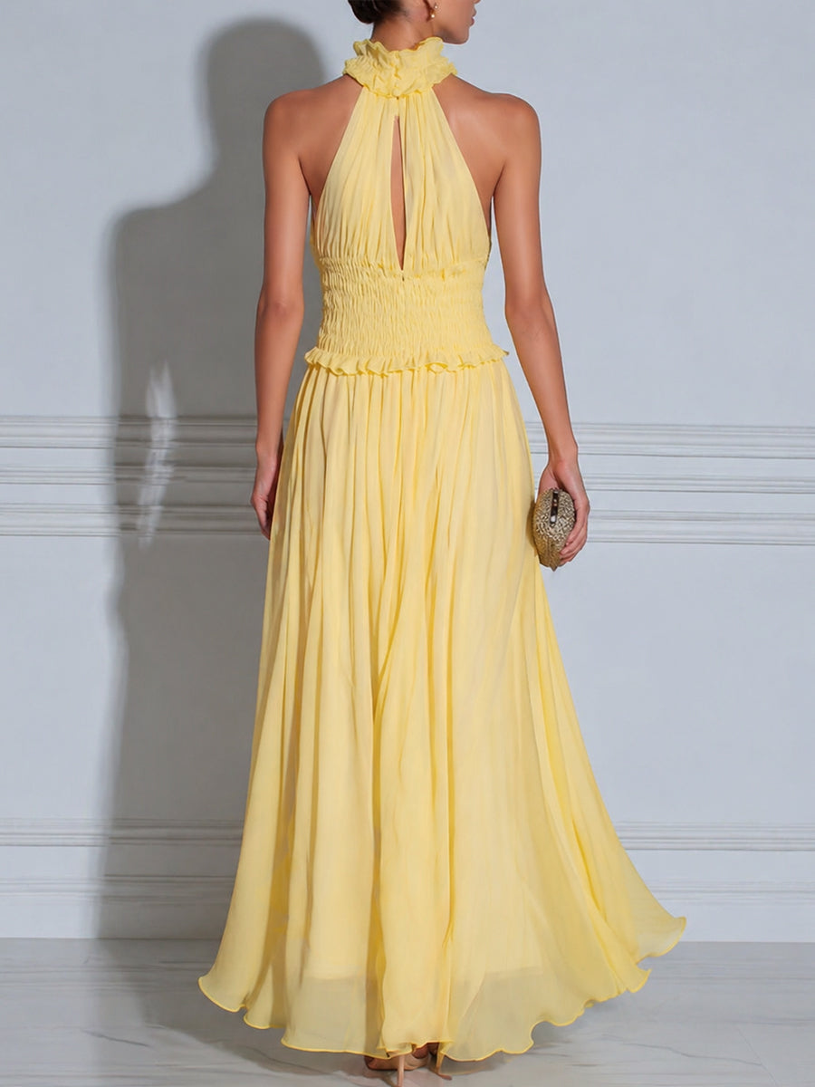 Halter Neck Shirred Waist Flowing Maxi Dress