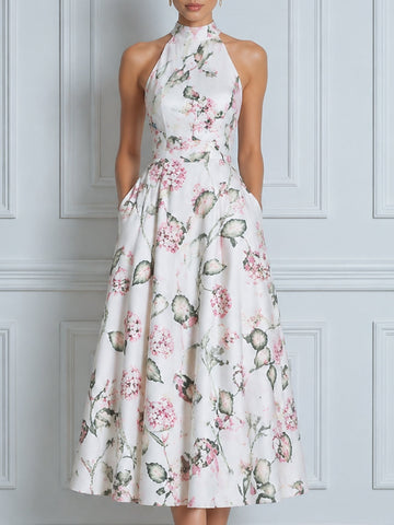 High Neck Halter Floral A-Line Midi Dress