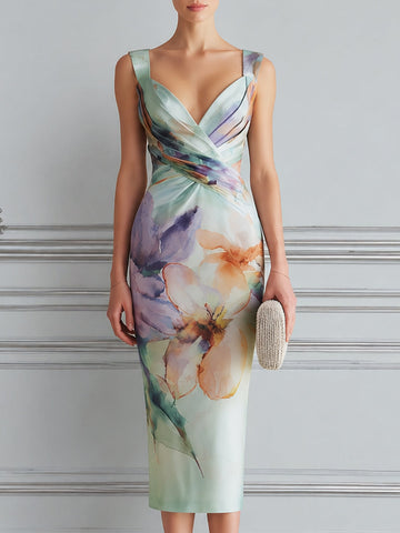 Sleeveless Draped V-Neck Floral Pencil Midi Dress