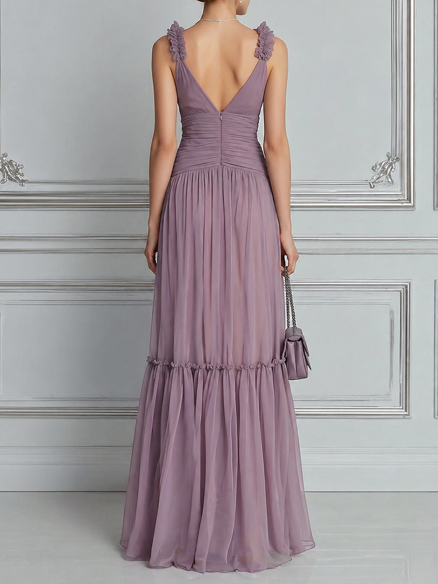 Ruffled Strap Pleated Waist Tiered Chiffon Maxi Dress