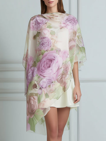 Floral Watercolor Print Poncho Cover-Up With Satin Slip Dress