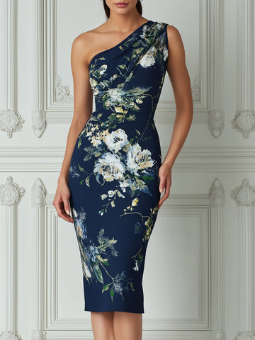 Navy Floral Print One-Shoulder Bodycon Midi Dress