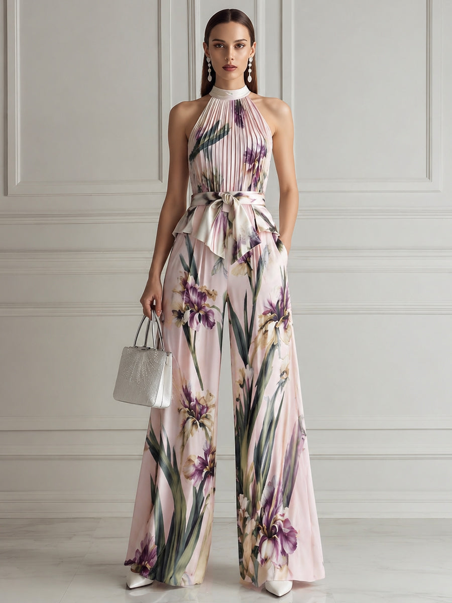 Pleated Halter Neck Floral Print Wide-Leg Jumpsuit With Waist Tie